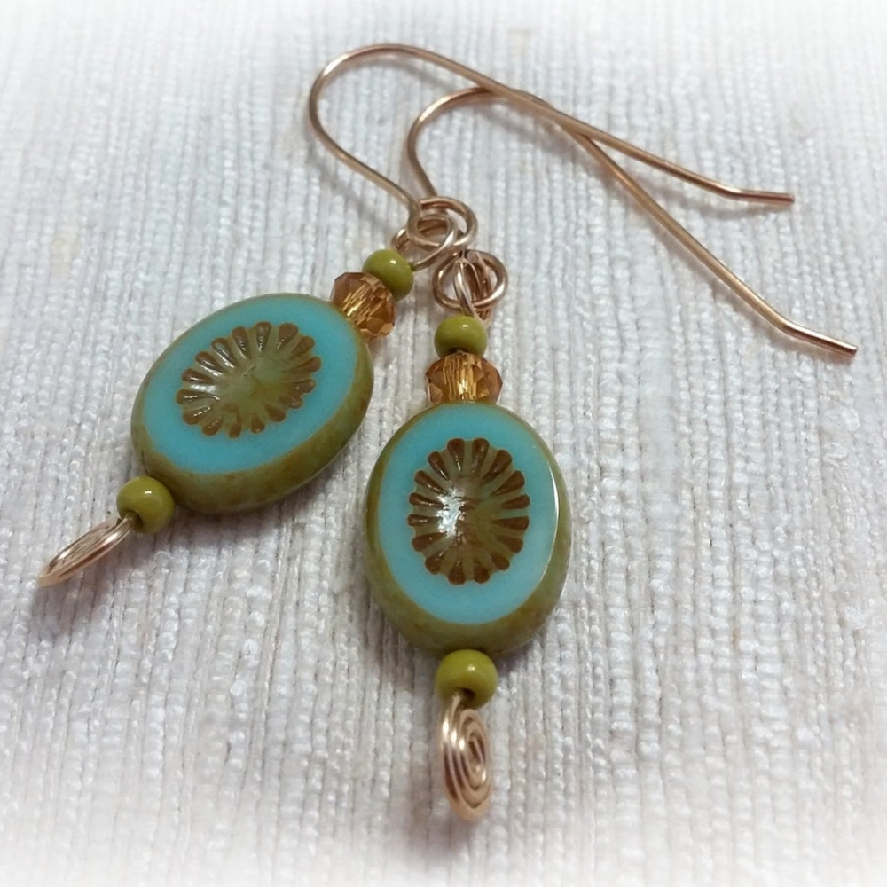 Gold Brass Turquoise Glass Handmade Boho Earrings